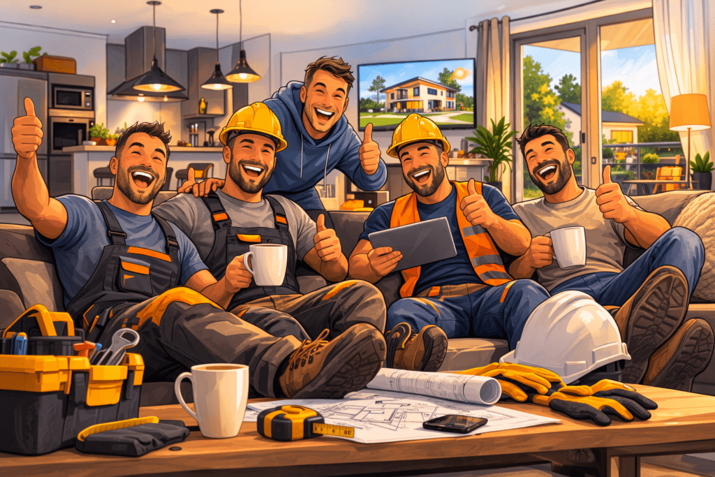 Image de travailleurs détachées très heureux location maison vacances